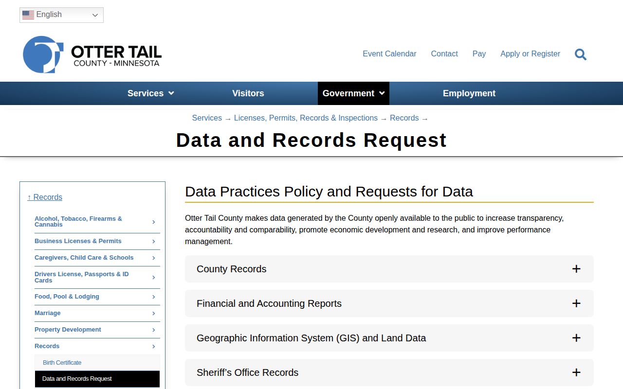 Otter Tail County booking record data-request page