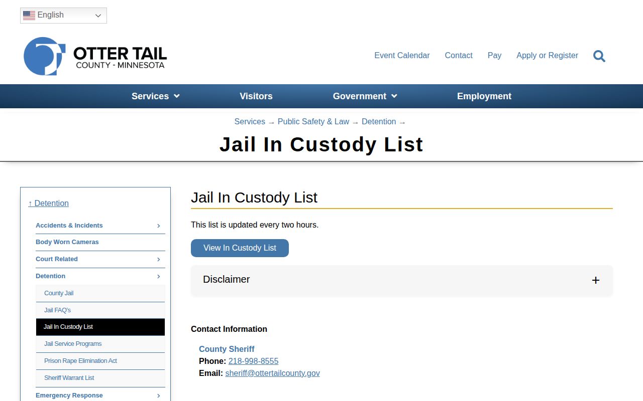 Otter Tail County in-custody booking record landing page